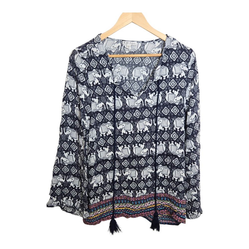 Katie's Kloset Women's Size L Elephant Print Tassel Boho Tunic Top 100% Rayon‎
